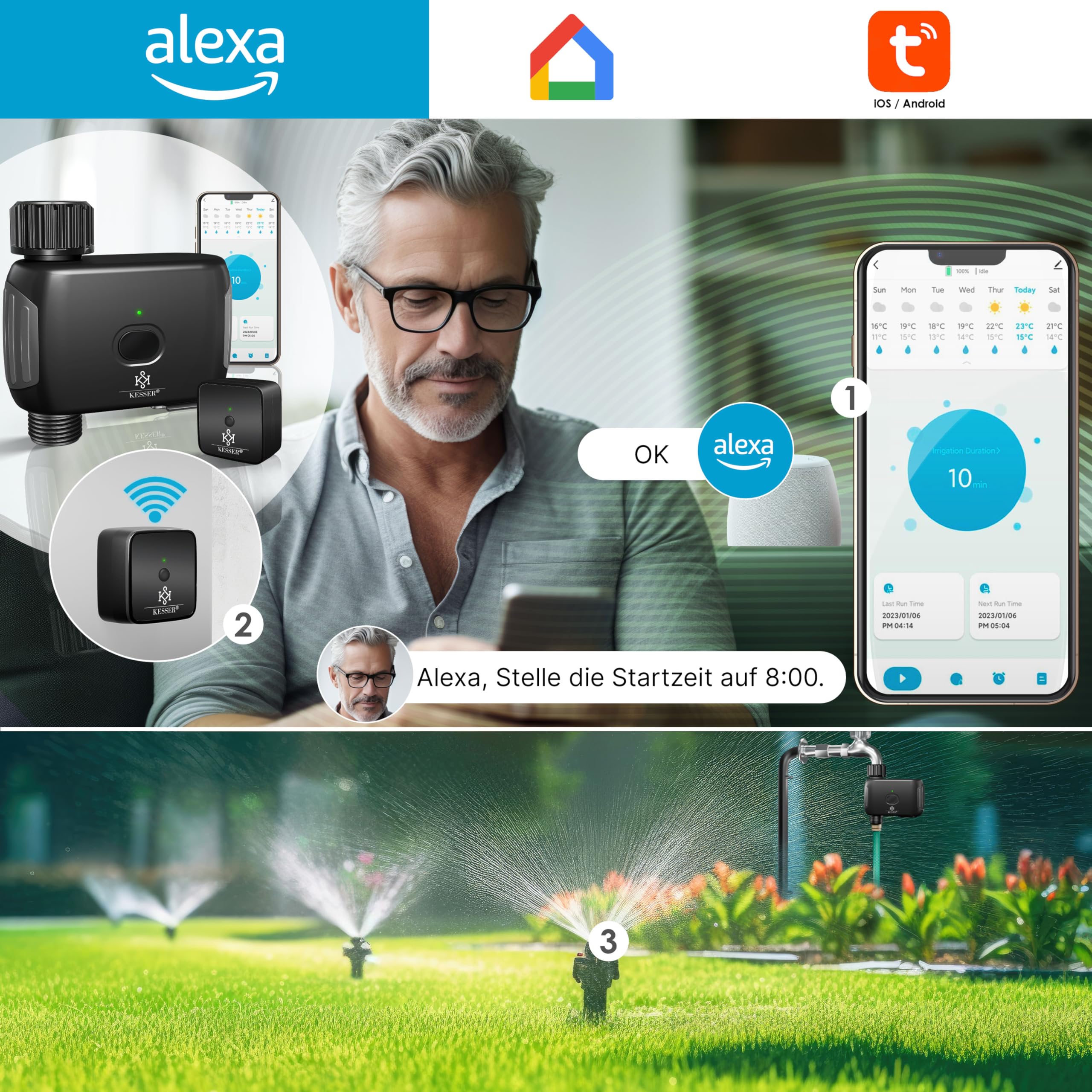 KESSER® Bewässerungssteuerung mit WLAN WiFi | Bewässerungscomputer für Garten & Balkon | Bewässerungssystem mit Zeitschaltuhr | Automatische Bewässerung App & Sprachsteuerung | Schwarz