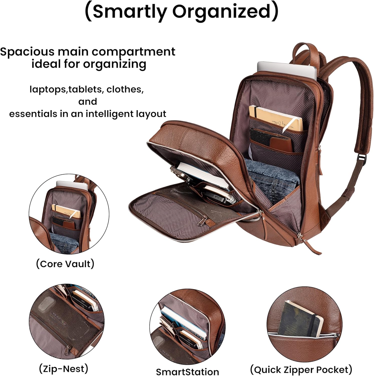 LEATHER VILLAGE Leather Laptop Backpack for Men | Cognac Brown | Slim Professional Business Bag Fits 15.6”-Laptop | Water-Repellent Work & Travel Daypack with Trolley Strap - Image 3