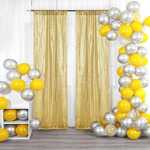BEDDEB Cortina tipo telón de fondo de lentejuelas doradas, 2 piezas de 2 x 8 pies con purpurina para Navidad, cumpleaños, boda, decoración de fiesta