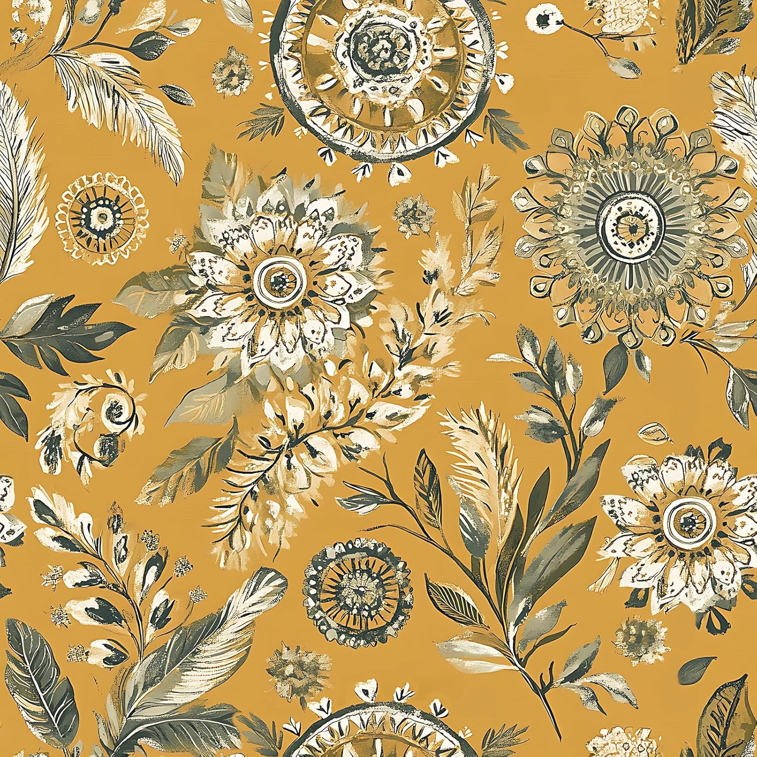 Stickyart Mustard Yellow Boho Floral Wallpaper Peel and Stick Vintage Eclectic Floral Mandala Contact Paper Removable Cottage Core Botanical Wall Paper Decorative for Cabinets Entryway 17.5"x80"