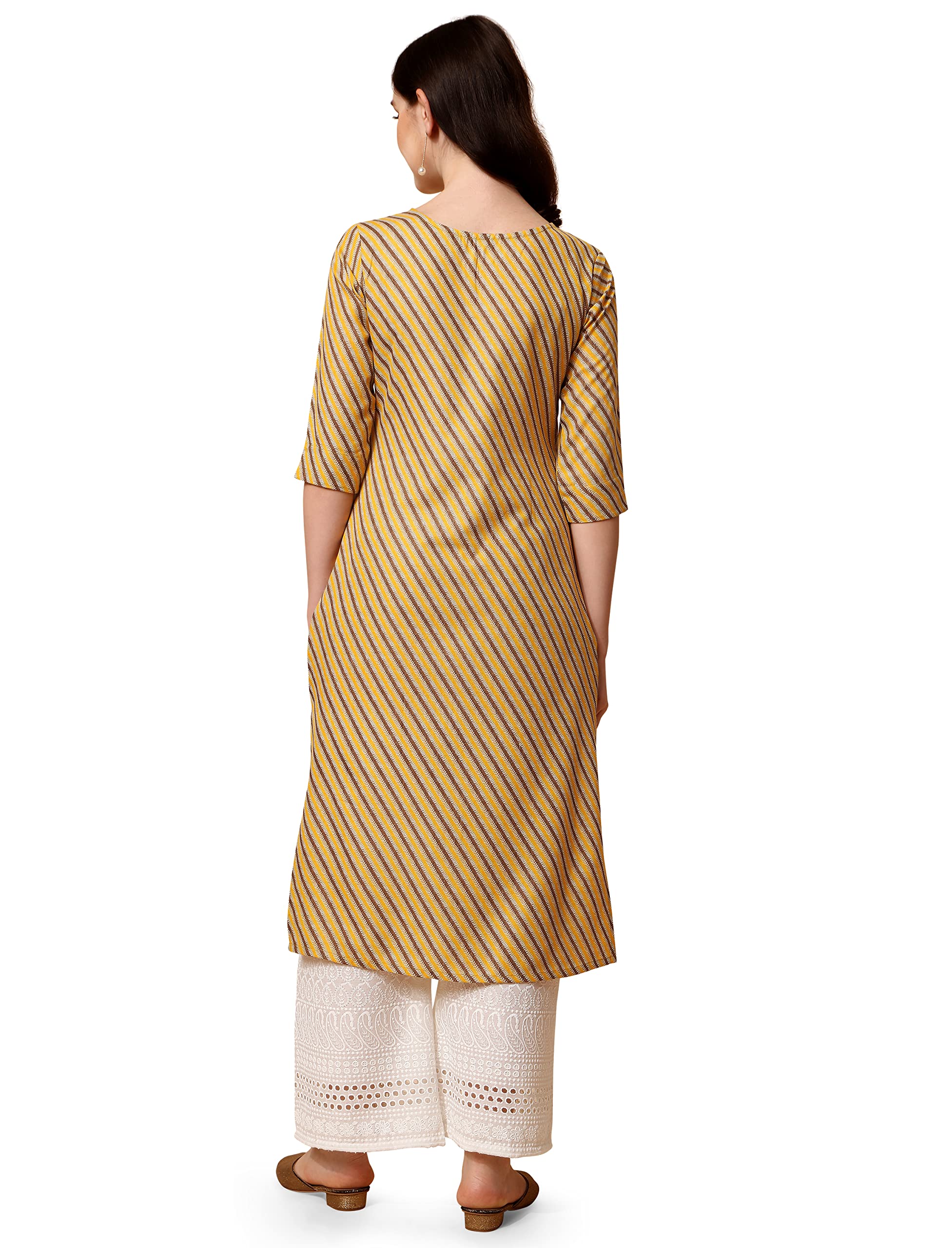 Nainvish Women's Cotton Blend Straight Round Neck Printed Kurta (Sd416_K-L_Light Yellow)