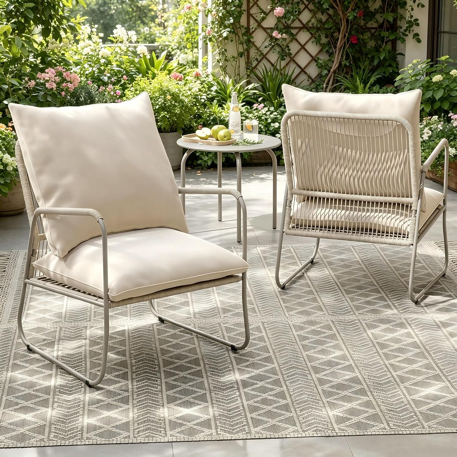 ALAULM 3-Piece Garden Conversation Set,Breathable Woven PE Rattan Chairs with Washable Cushions & Round Metal Coffee Table, Outdoor Patio Furniture Set for Garden, Balcony, Porch & Backyard (Beige)