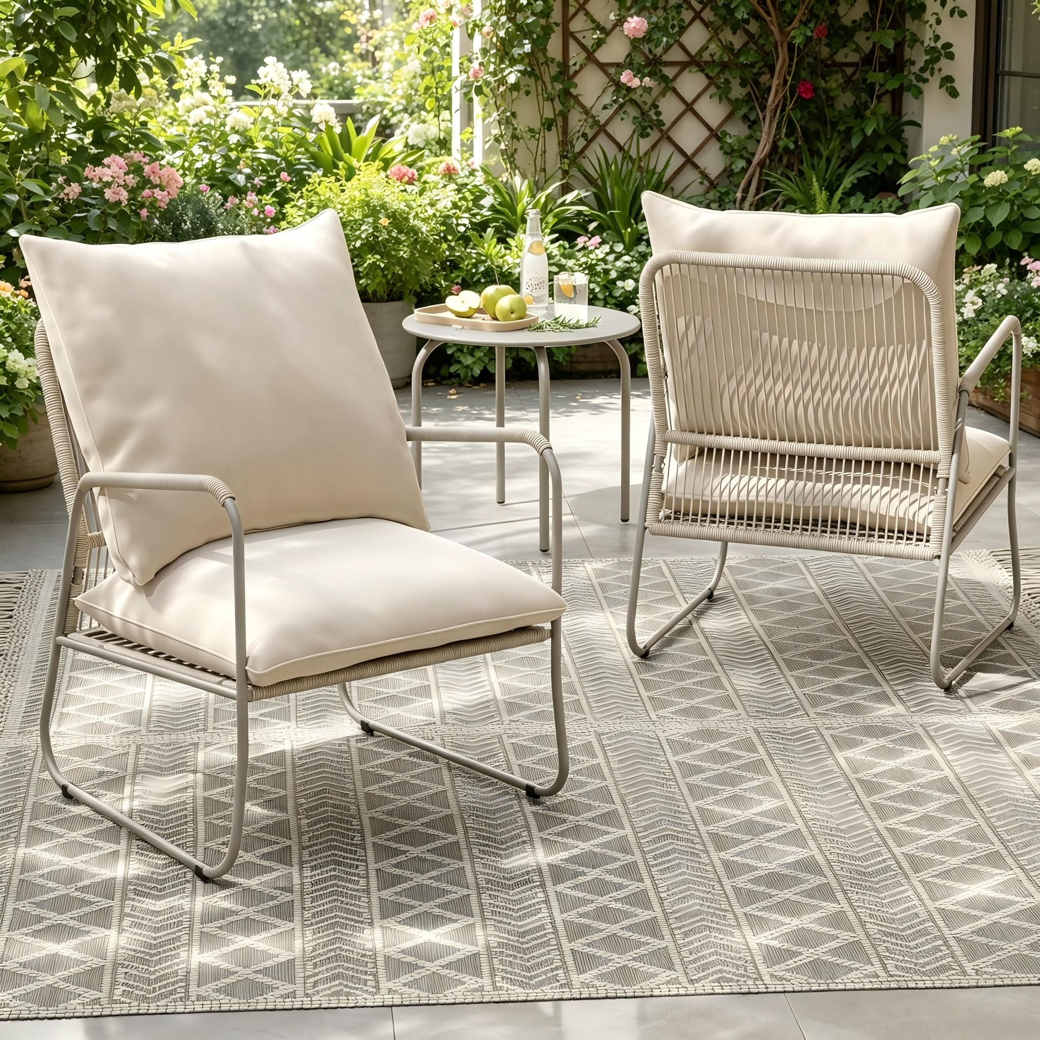 ALAULM 3-teilige Garten Sitzgruppe, Atmungsaktive geflochtene PE-Rattan Gartenstühle mit Kissen & runder Metall-Couchtisch, Terrassenmöbel Set aus Rattan, Garten Lounge Set für Garten, Balkon