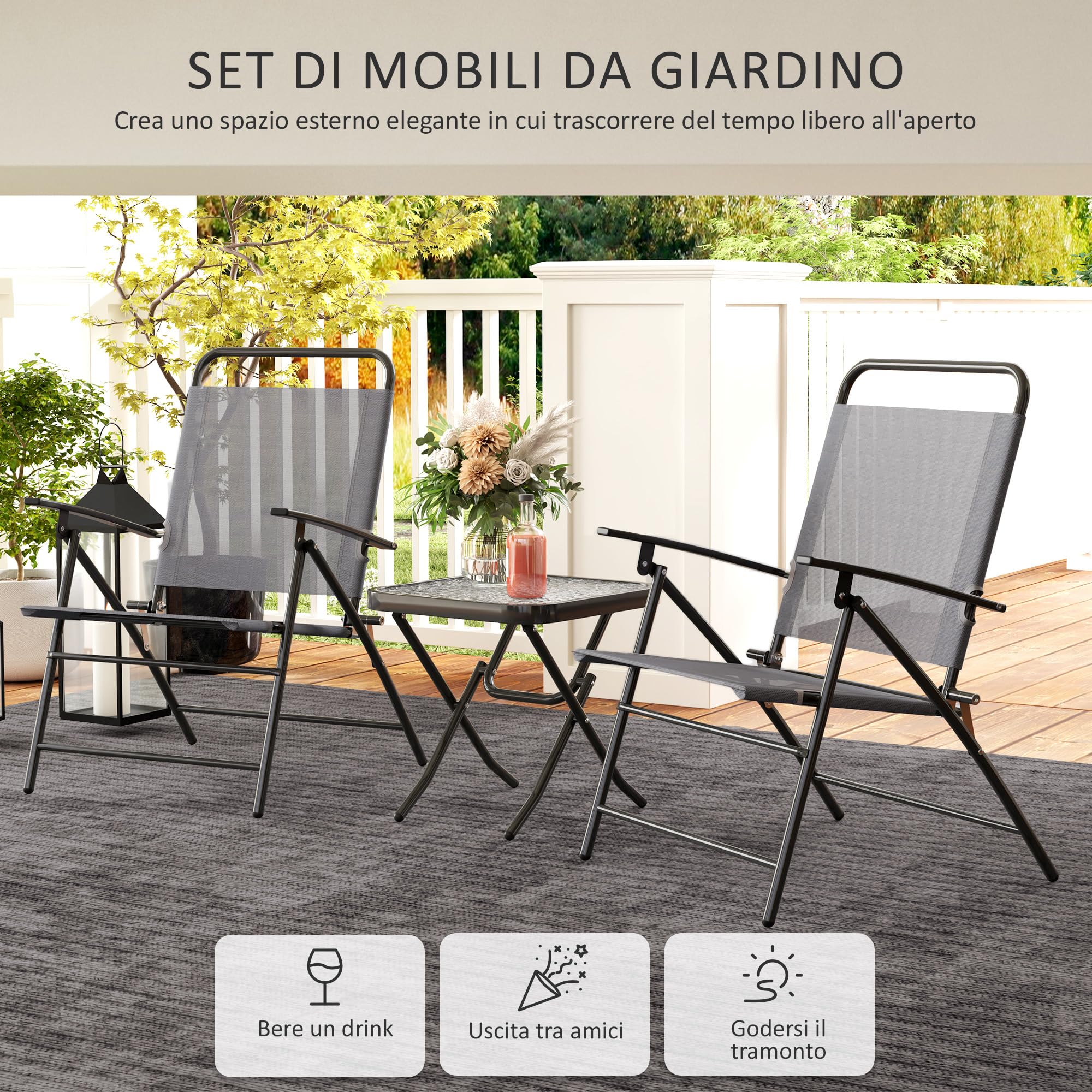 Outsunny Set da Giardino 3 Pezzi con Sedie Pieghevoli e Tavolo in Acciaio e Vetro Grigio