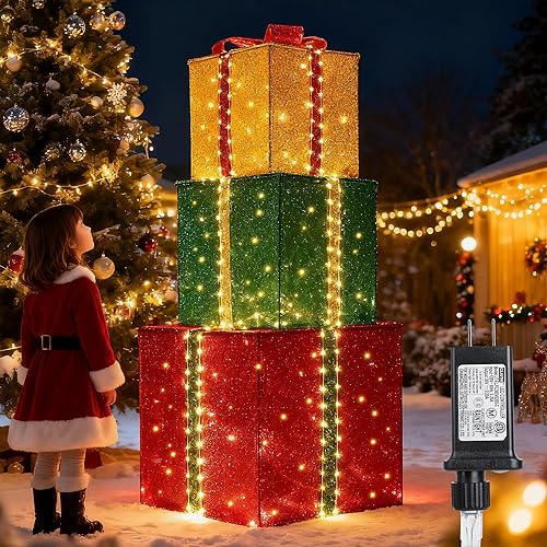 Juego de 3 cajas de regalo grandes iluminadas de Navidad de 4.9 pies - 131 LEDs regalos preencendidos, torre de cajas de Navidad con diferentes