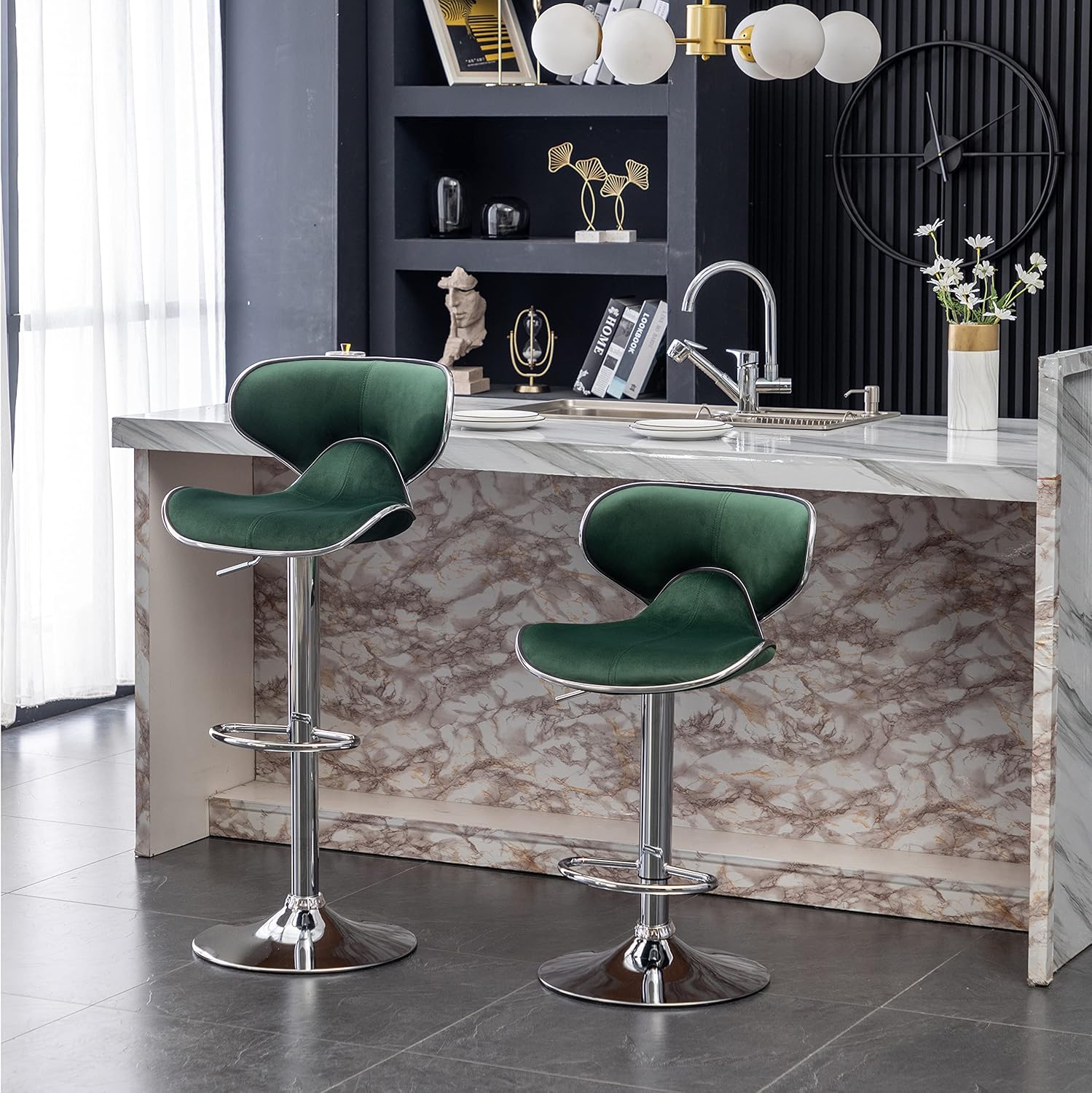 Vina Velvet Upholstered Adjustable Swivel Barstool, Set of 2, Green