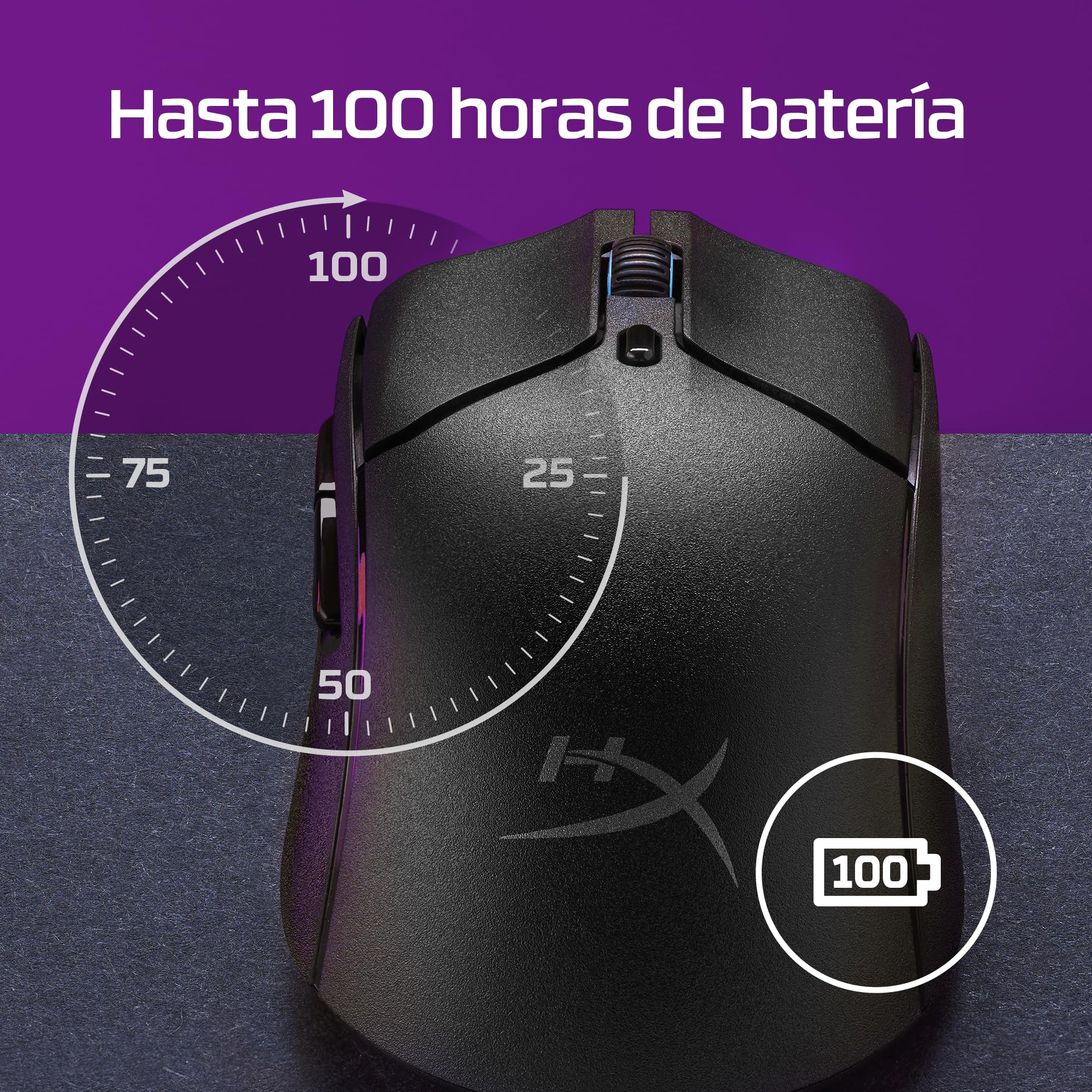 HyperX Haste 2 Wireless – Ratón gaming inalámbrico, ultraligero 61g, batería 100h, sensor preciso HyperX 26K, cable HyperFlex 2, antideslizamiento, color Blanco