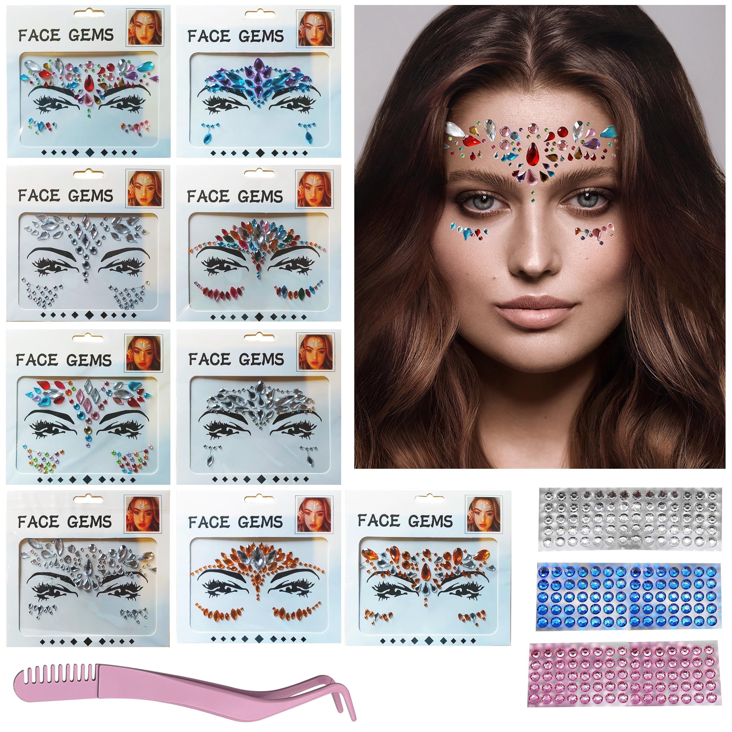 Kids Tattoos Temporary, Face Gems for Kids, Stickers Kids, Glitter Face Tattoos for Kids, Gem Stickers, Nail Gems, Face Jewels-9 Face Gems, 1 Rhinestone Strip and 1 Tweezer Applicator