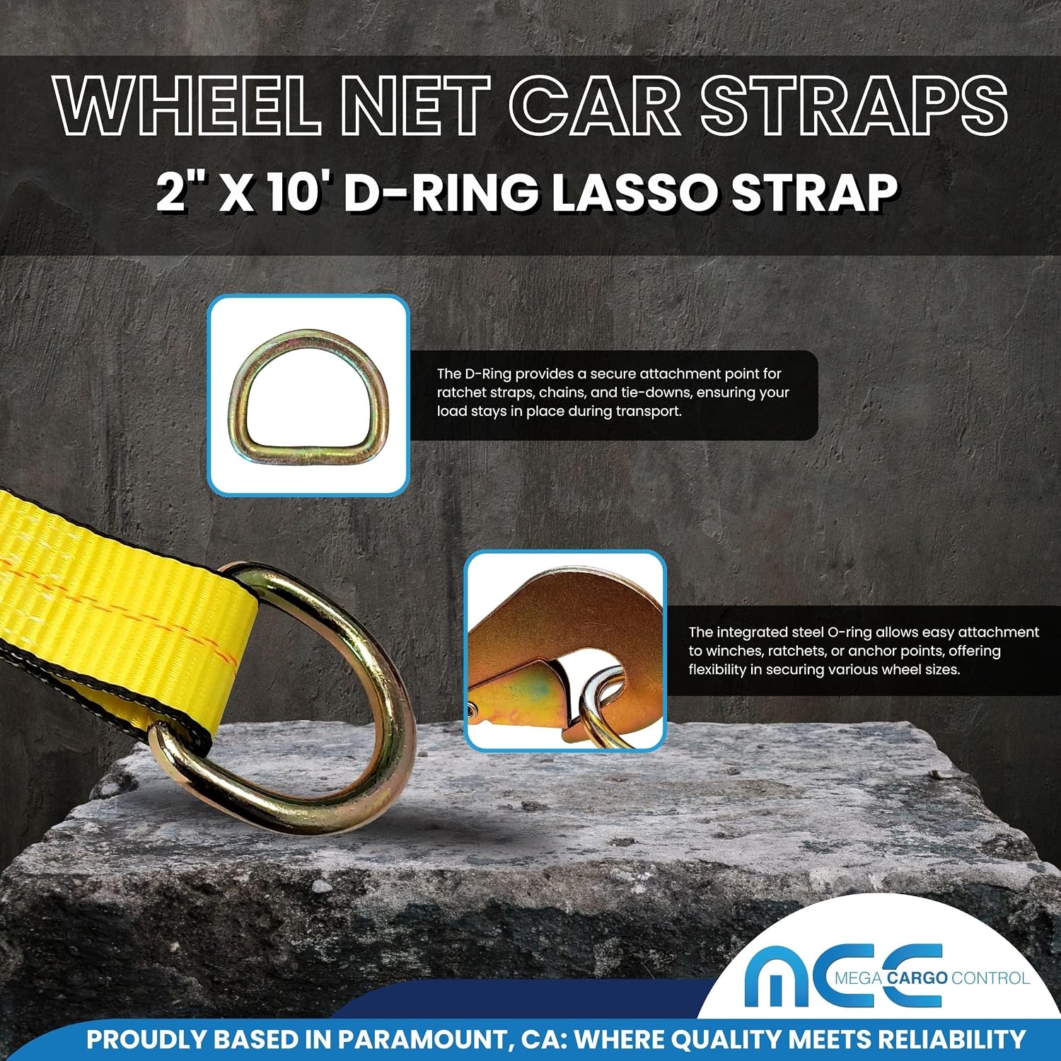 4PK 2" x 10' Car Tie Down Strap w/Chain Extension Lasso Tire Straps, Yellow image 4