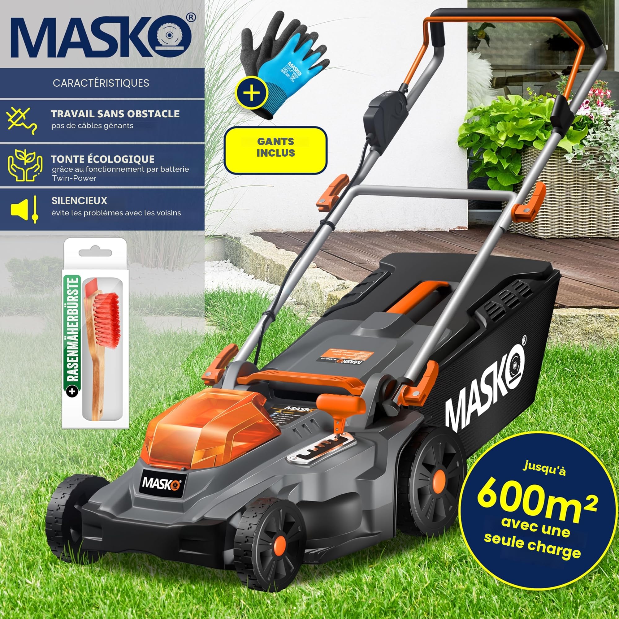 MASKO Tondeuse à Gazon Mulching 43cm 2 Batteries Double Chargeur Bac 55L 650m²