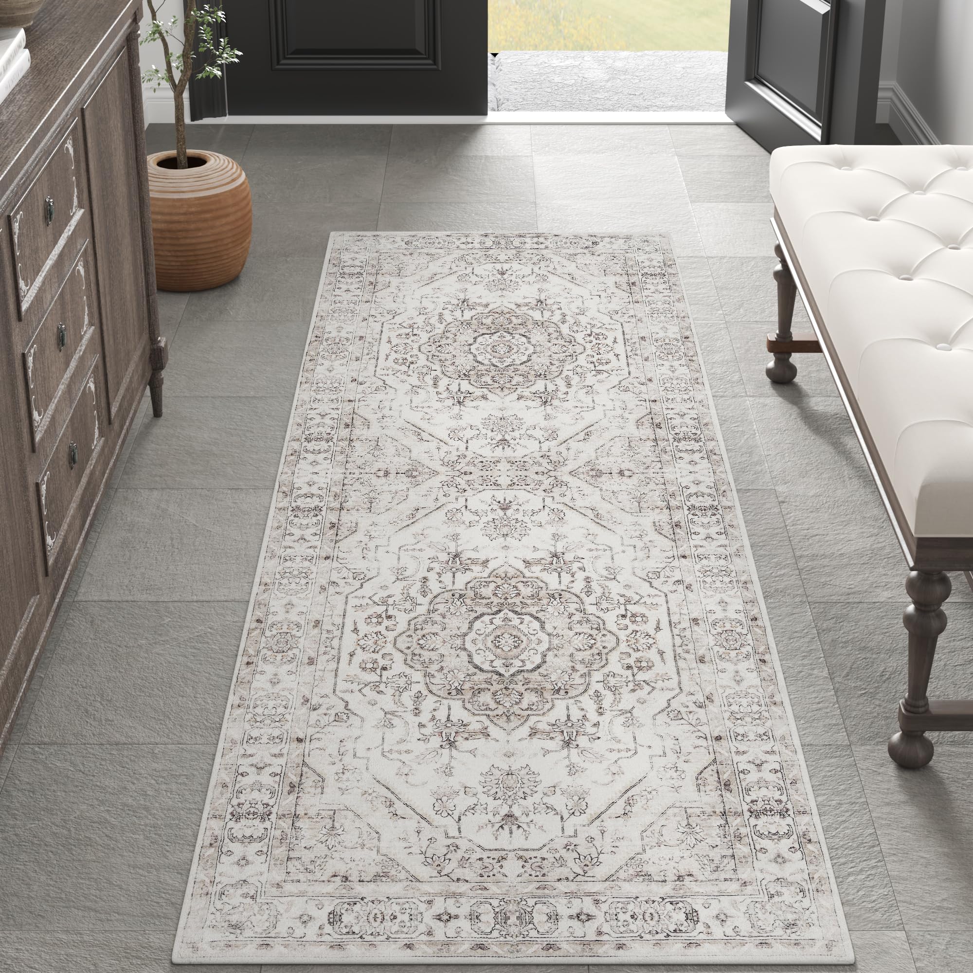 jinchan 2x5 Hallway Rug Washable Medallion Floral Kitchen Runner Vintage Non Slip Thin Soft Rug for Entryway Bedroom Laundry Distressed Grey