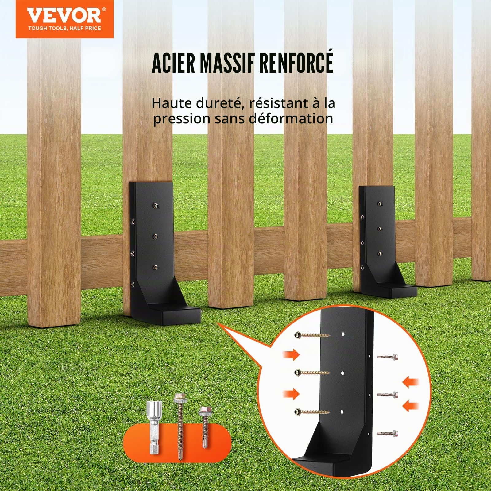 VEVOR Kit de réparation de poteau de clôture, 4 pcs, support de poteau en acier robuste, intérieur 89 x 89 mm, piquet d'ancrage au sol pour réparation de poteau de clôture en bois incliné ou cassé