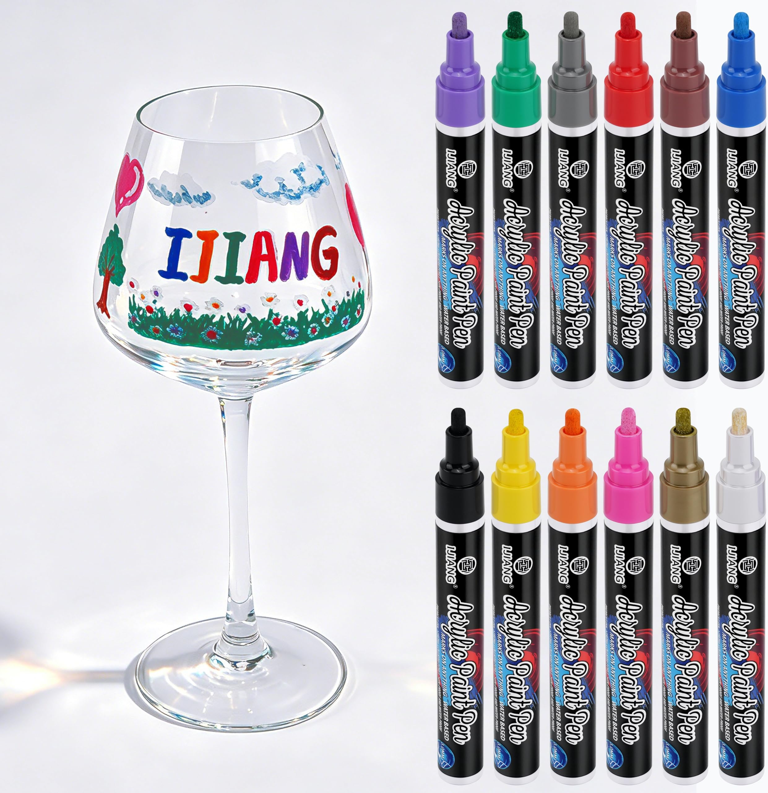 IJIANG Wine Glass Markers 12 Colors, Acrylic Paint - (Non-Toxic, Odorless, Eco-Friendly & Quick-Drying) Wine Glass Pens for Parties, Weddings and Ceramic Bowls - Drink Markers Pen