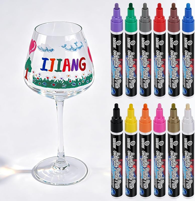 Marcadores para Copas de Vino Pintura Acrílica de 12 Colores, Alta Capacidad - Tinta Líquida | Rotuladores para copas de vino, no tóxicos, inodoros, ecológicos y de secado rápido para fiestas, bodas y cuencos de cerámica, rotuladores para bebidas