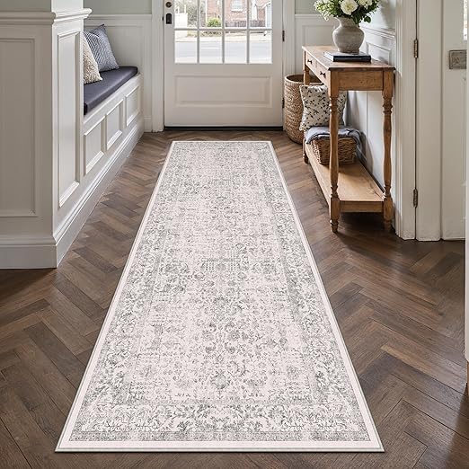 Gray Runner Rug 2x12 Hallway Machine Washable Kitchen Vintage Distressed Non Slip Long Carpet Indoor Grey Retro Floral Bedroom Accent Throw Rug for Bathroom Office Laundry Dining Living Room