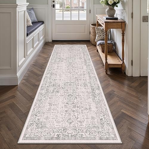 PureCozy Gray Runner Rug 2x10 Hallway Machine Washable Kitchen Vintage Distressed Non Slip Long Carpet Indoor Grey Retro Floral Bedroom Accent Throw Rug for Bathroom Office Laundry Dining Living Room