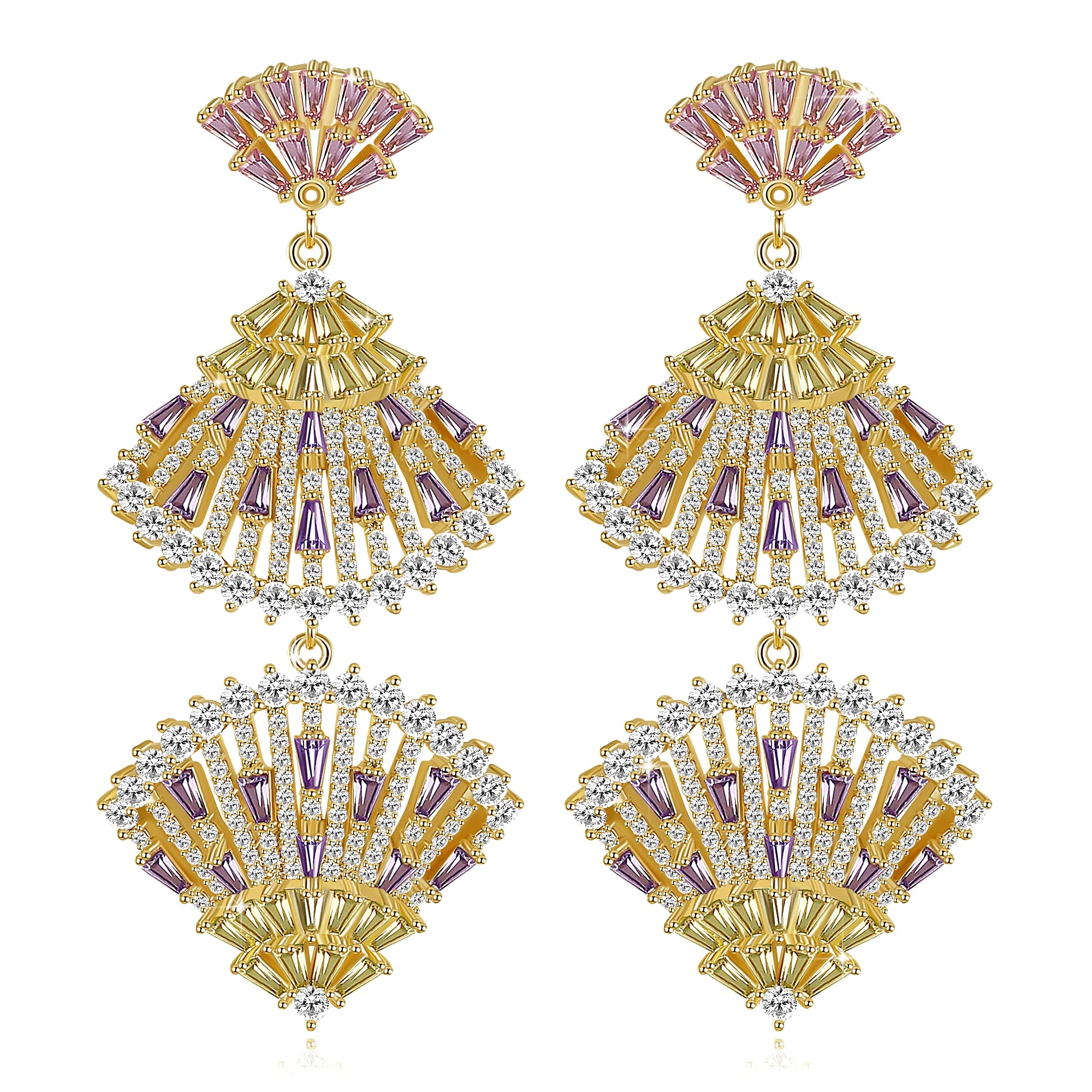 Frwiskp Zircon Gemstone Drop Dangle Earings, Multi Color Created Sapphire Pierced Earrings, 18K Gold