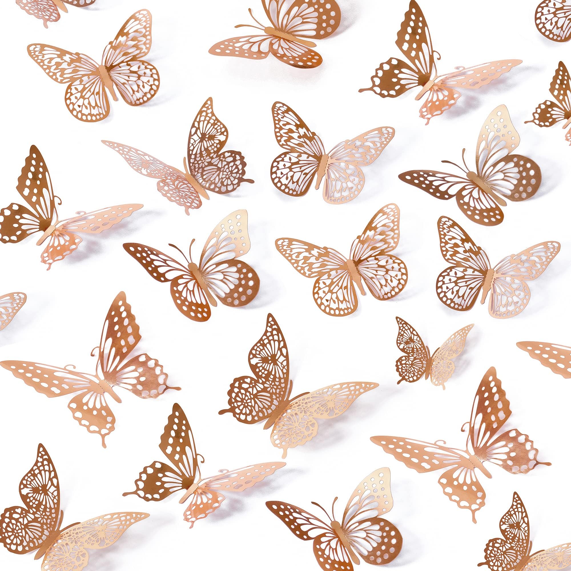 SAOROPEB 3D Butterfly Wall Decor, 48 Pcs 4 Styles 3 Sizes, Removable Metallic Wall Sticker Room Mural Decals for Kids Bedroom Nursery Classroom Party Decoration Wedding Decor DIY Gift (Rose Gold)