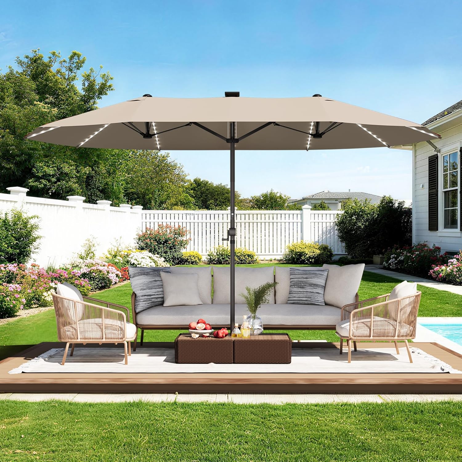 15ft Rectangular Patio Umbrella with Solar LED Lights, Double-Sided Outdoor Market Umbrella with Base Included, Extra Large Shade for Pool, Deck, Backyard, Garden, Burgundy