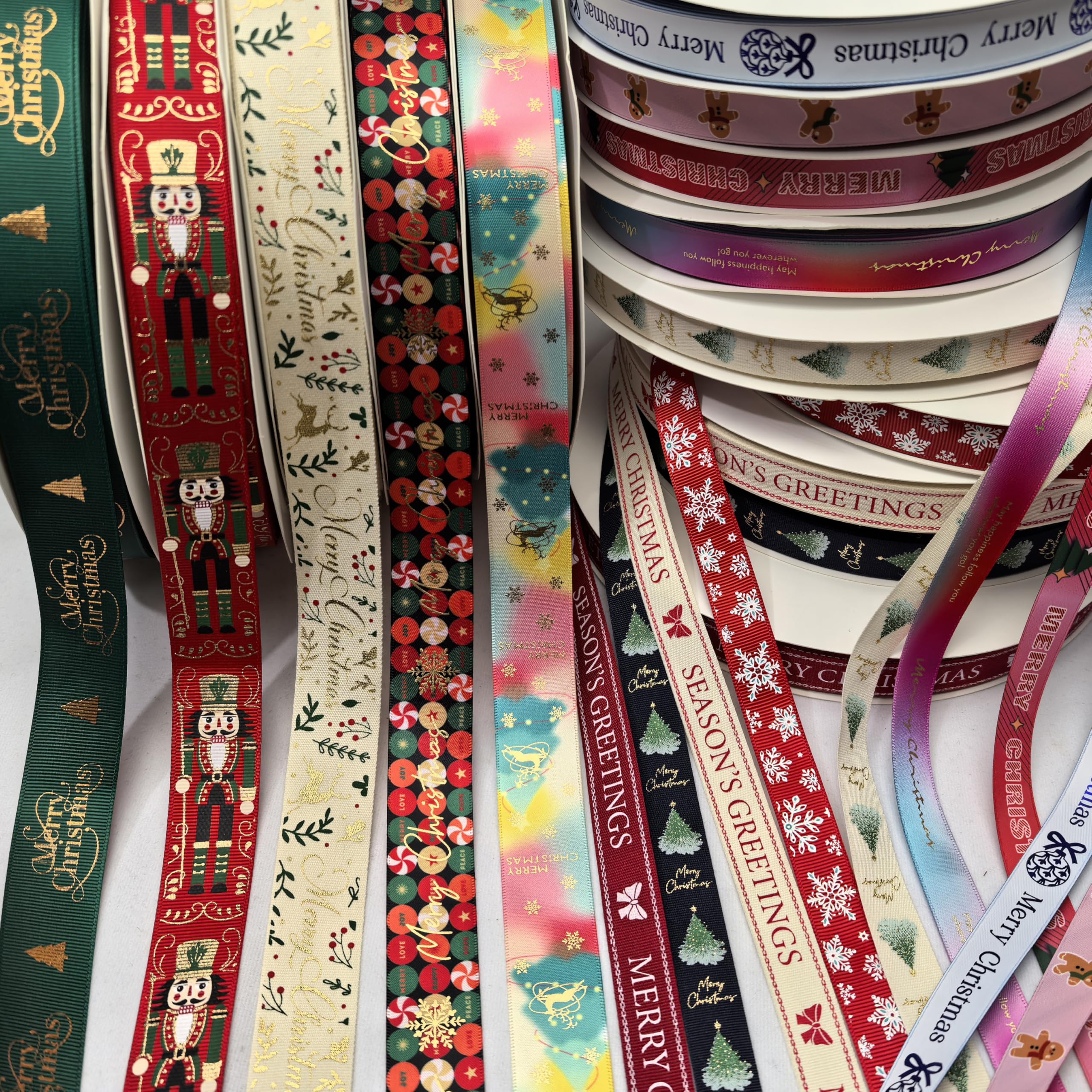 Libiline 14yards Ribbon Merry Christmas Ribbons Snowman Santa Claus Jinglebell Santa Tree Snowflake Craft DIY Packing Hair Bow Accessory (Christmas, Mix)