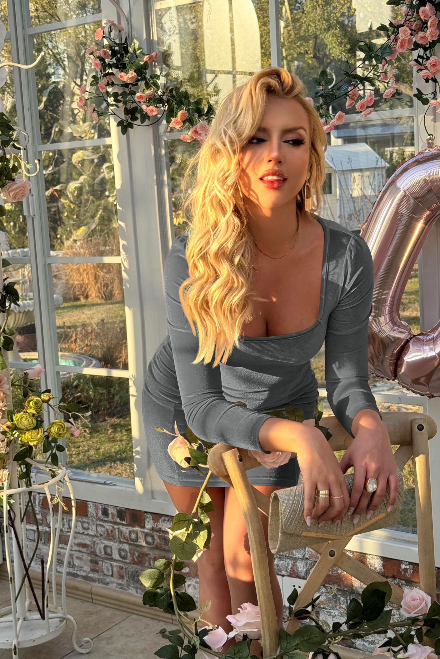 GOBLES Womens Sexy Velvet Long Sleeve Bodycon Elegant Mini Party Dress