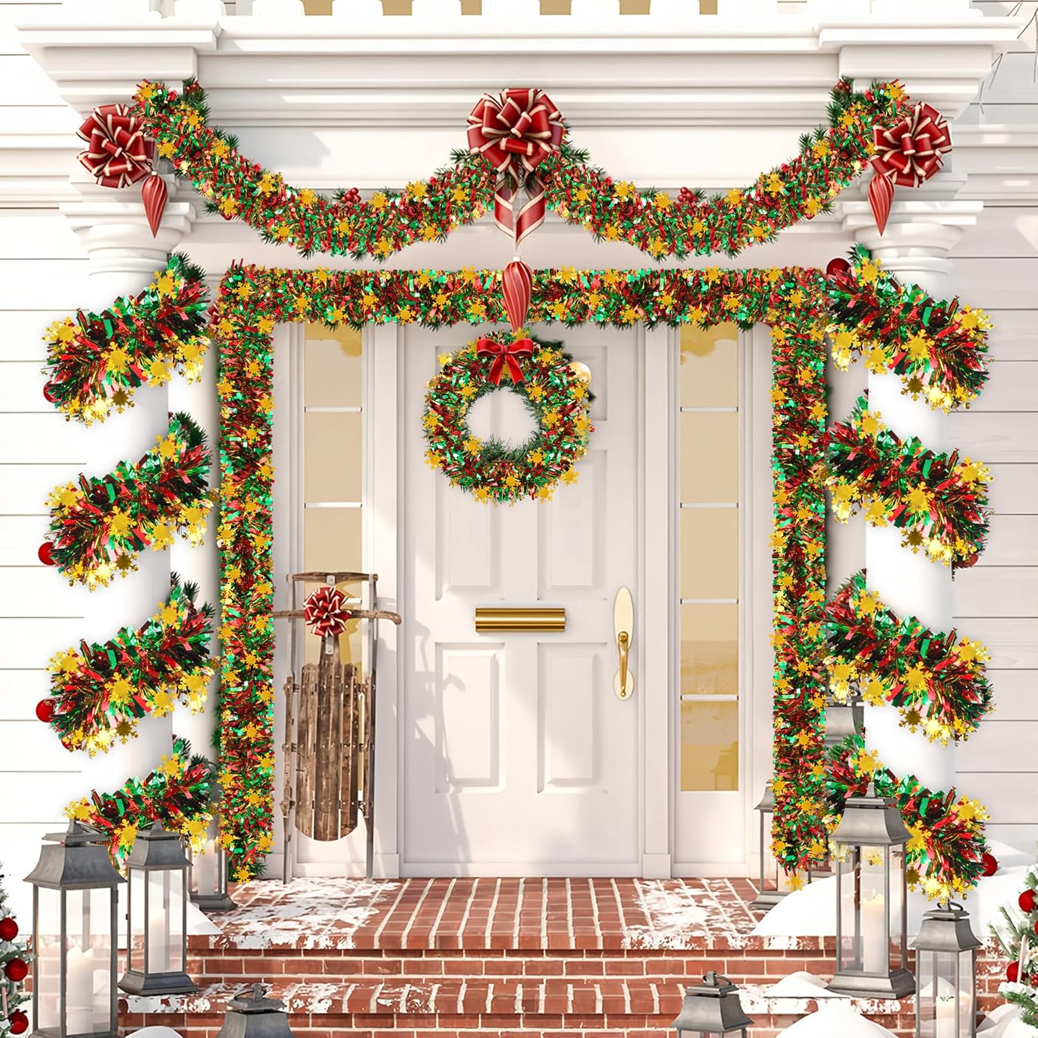 39.3ft Christmas Snowflake Tinsel Garland Green Red Gold Metallic Tinsel Twist Garland Xmas Glitter Ceiling Hanging Decorations for Christmas New Year Party Holiday Tree Home Indoor Outdoor Decor - Image 6