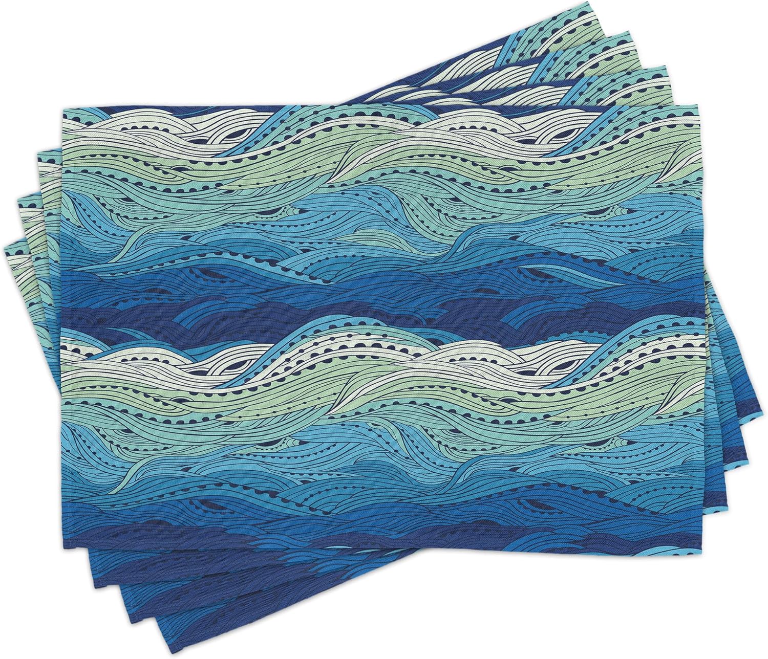 Lunarable Aquatic Place Mats Set of 8, Conceptual Ocean Themed Art Hand Drawn Waves Seascape Maritime, Washable Fabric Placemats for Dining Table, Placemat 8 pcs, Blue Pale Blue Mint Green