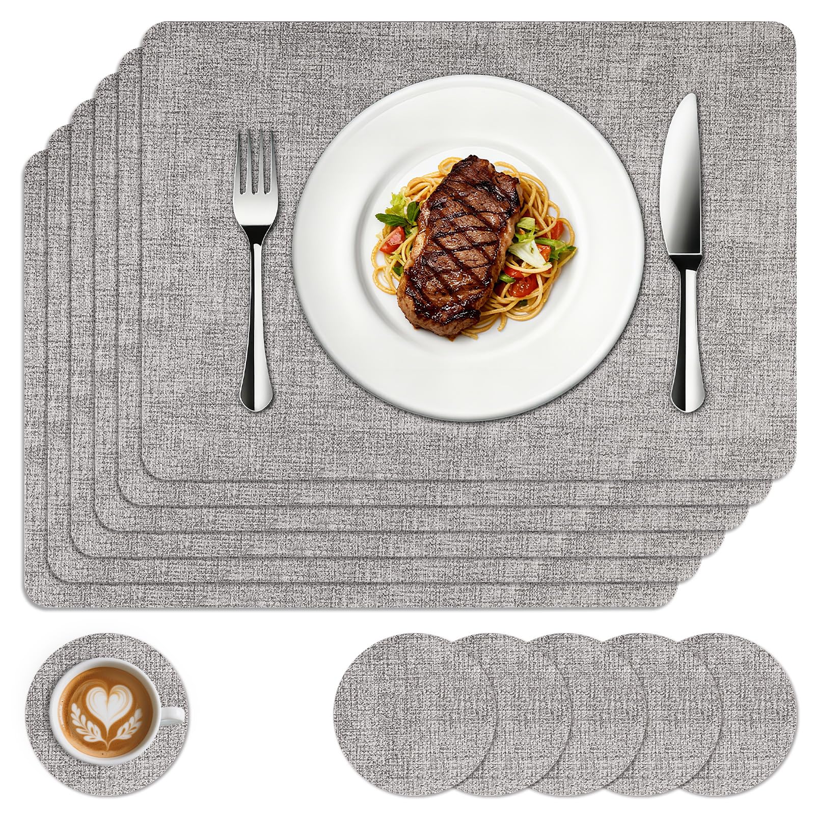 Placemats and Coaster Sets 6, Waterproof Table Mats, 43 * 30cm, Gray