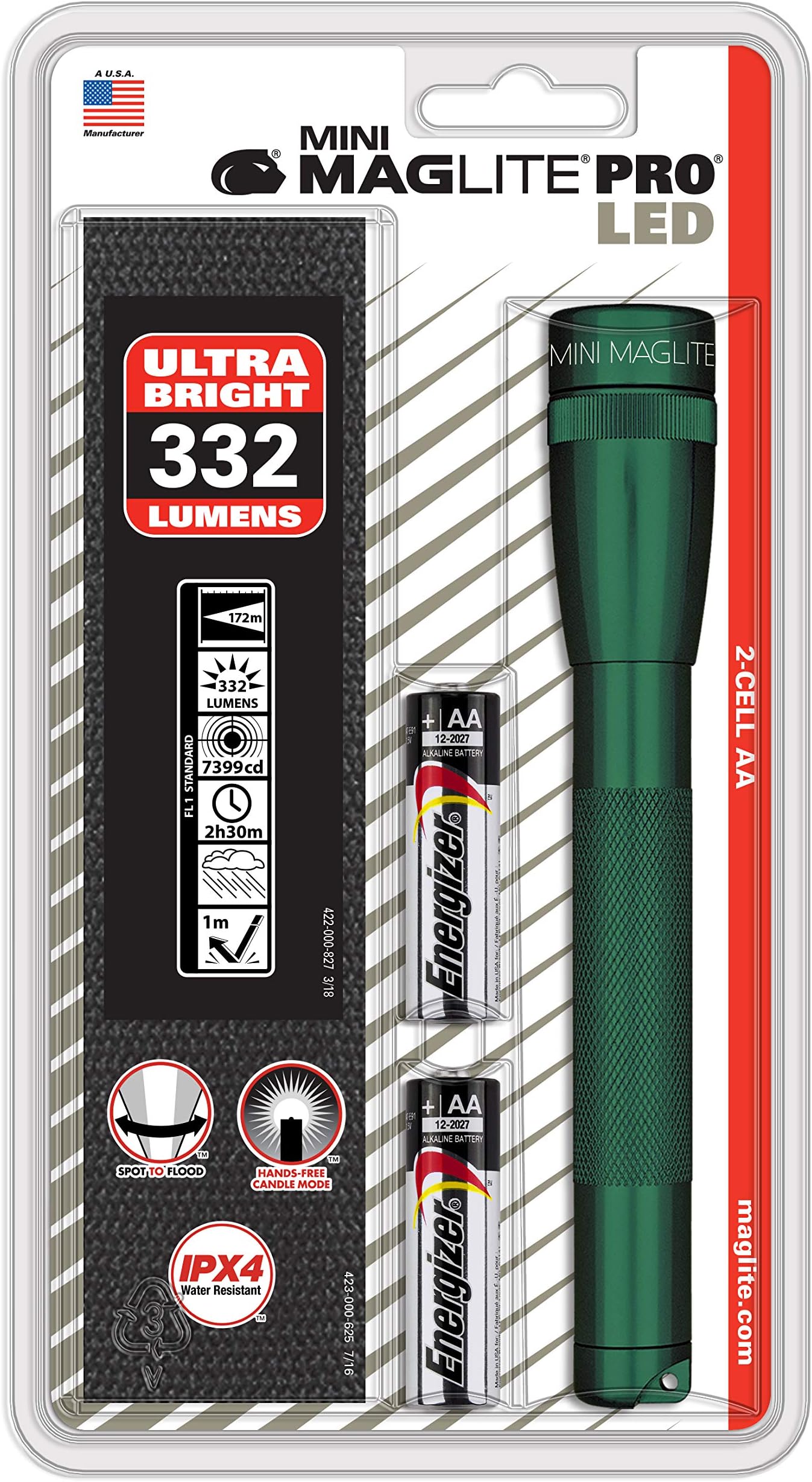 MagLite332 lumens Green LED Mini Flashlight AA Battery