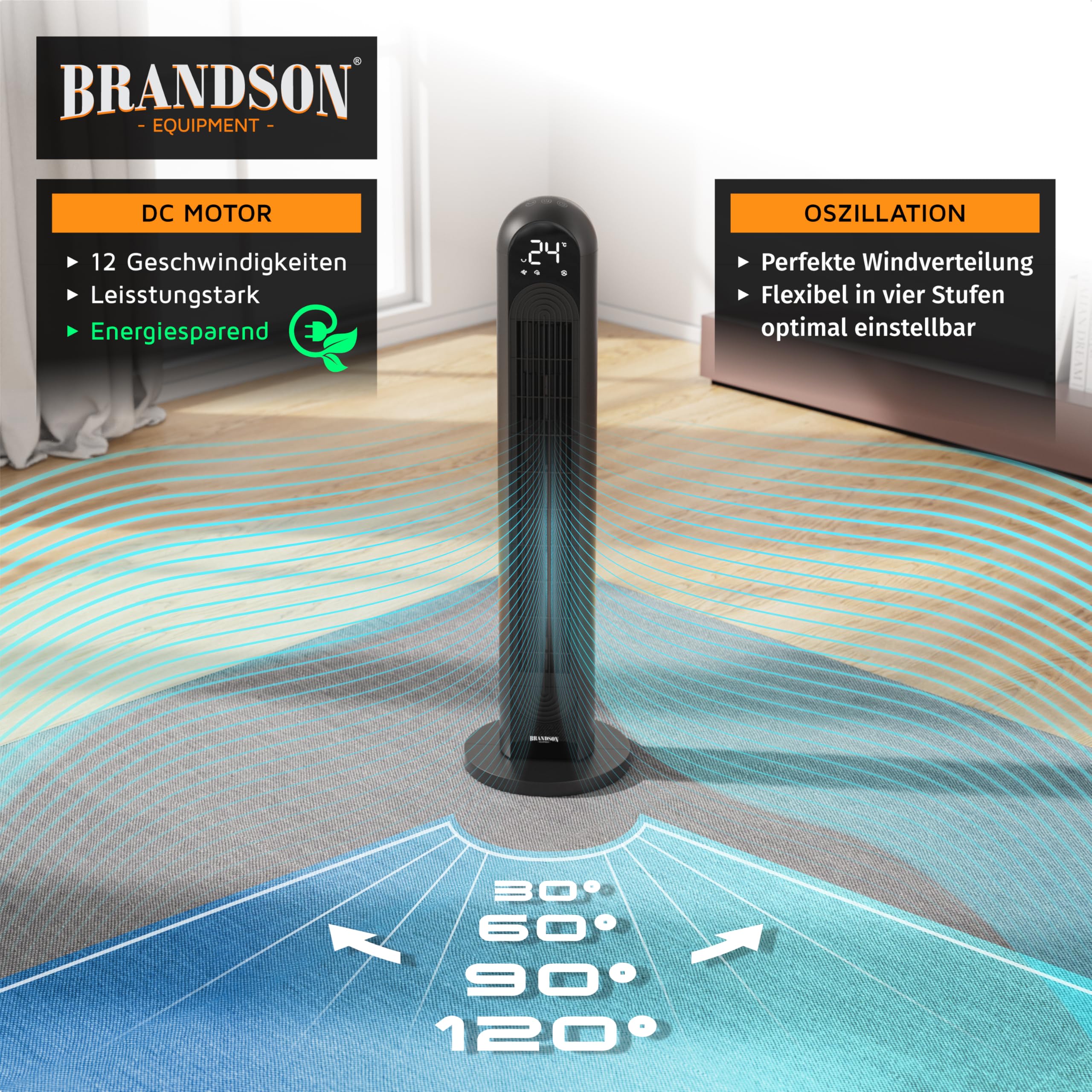 Brandson - DC Turmventilator Eco Design – sehr leise - mit DC Motor – Sieger Ventilatoren und Luftkühler 2026-12 Geschwindigkeiten – 4 Modi normal Natur Schlaf Auto – Oszillation – Fernbedienung