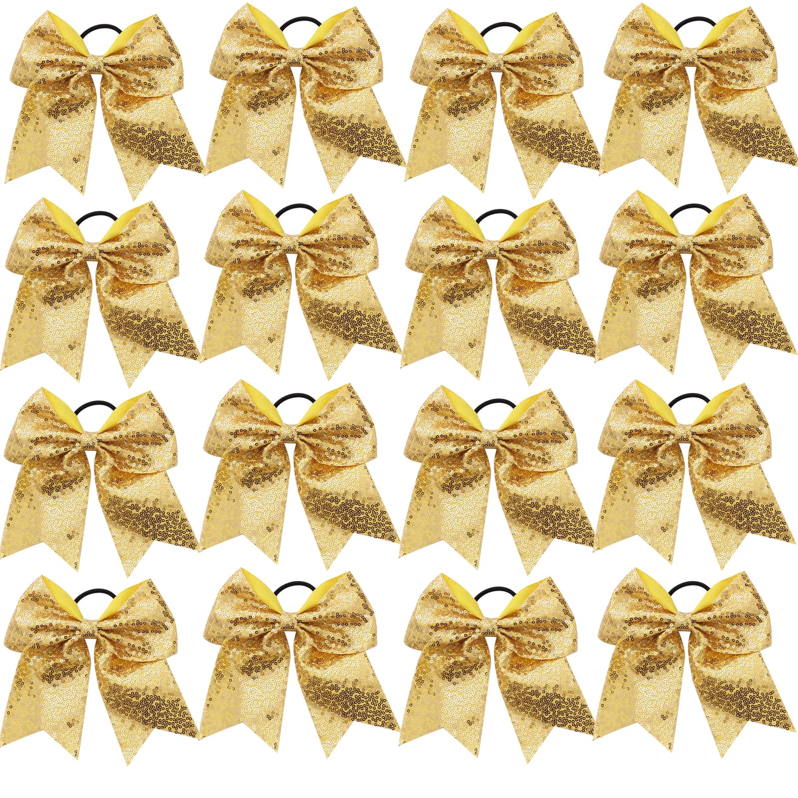 16 PCS Large Glitter Cheer Hair Bows, Shiny Cheerleading Bows Ponytail Holder for Cheerleader Girls Softball Sports and Christmas Tree Decor (Gold)