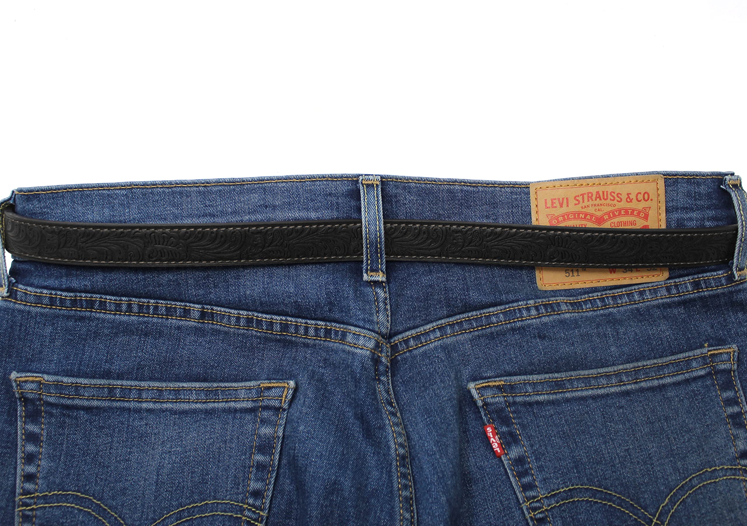 BC Belts Womens Thin Leather Belt Strap with Embossed Western Scrollwork 1