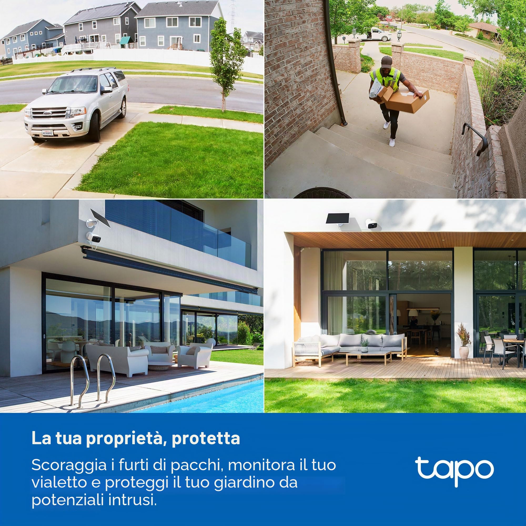 Tapo TP-Link C400 KIT Telecamera a batteria esterna con base a pannello solare, wireless, 1080P, rilevamento gratuito persone/veicolo, archiviazione SD/Cloud, visione notturna a colori, nessun hub