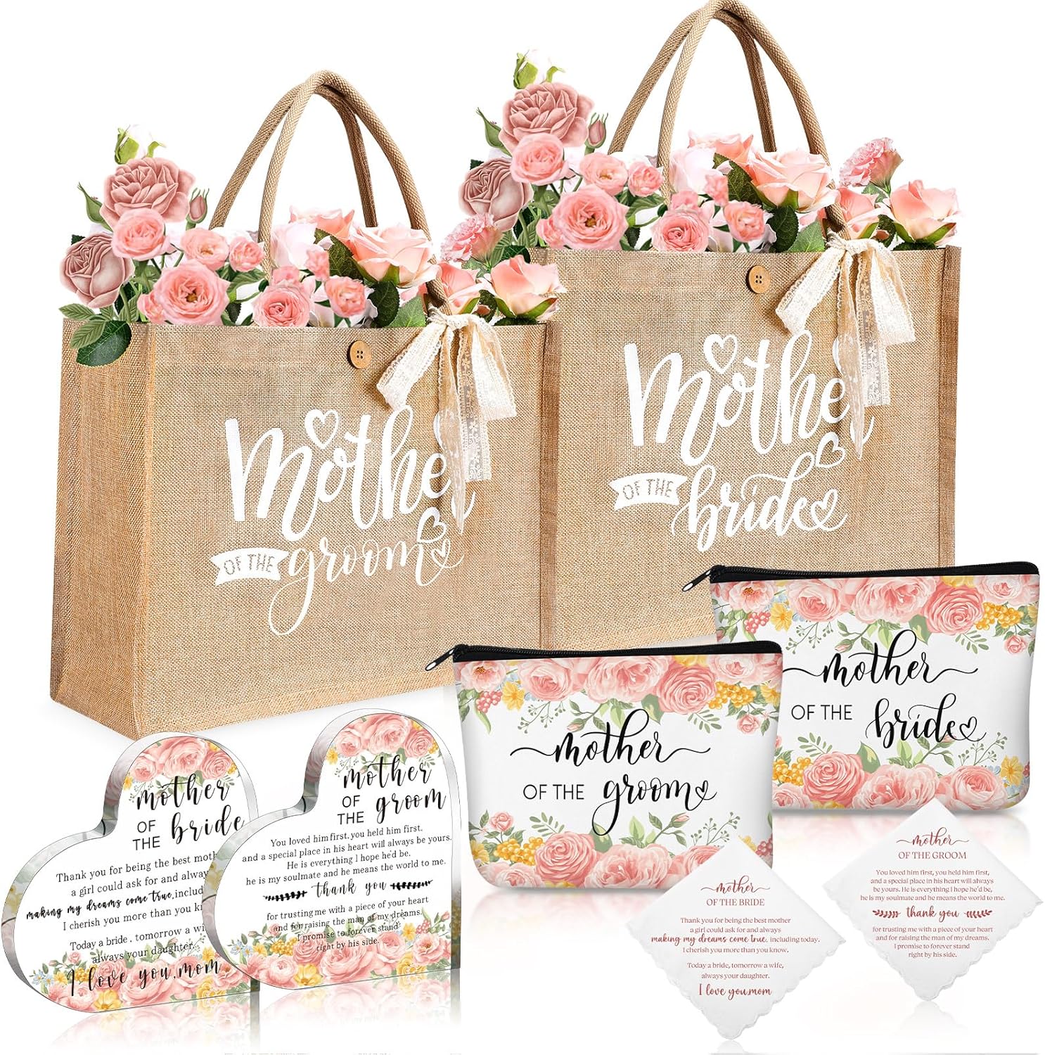 Hushee 2 Set Mother of Bride and Groom Gifts Set Includes Handbag Canvas Makeup Bag Acrylic Heart Decoration Wedding Handkerchief for Mom Mother in Law Bridal (Flower)
