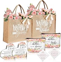 Hushee 2 Set Mother of Bride and Groom Gifts Set Includes Handbag Canvas Makeup Bag Acrylic Heart Decoration Wedding Handkerchief for Mom Mother in Law Bridal (Flower)