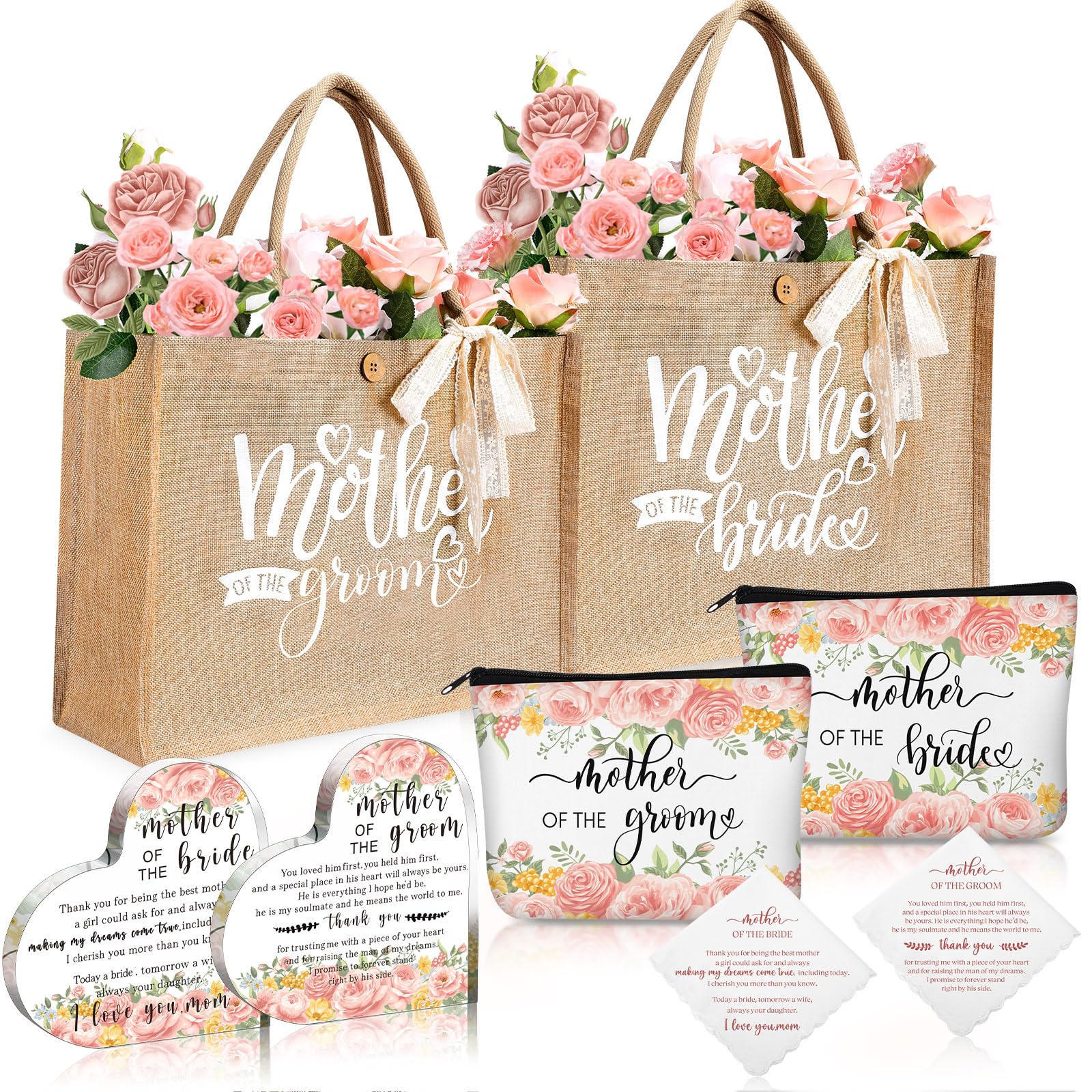 Hushee 2 Set Mother of Bride and Groom Gifts Set Includes Handbag Canvas Makeup Bag Acrylic Heart Decoration Wedding Handkerchief for Mom Mother in Law Bridal (Flower)