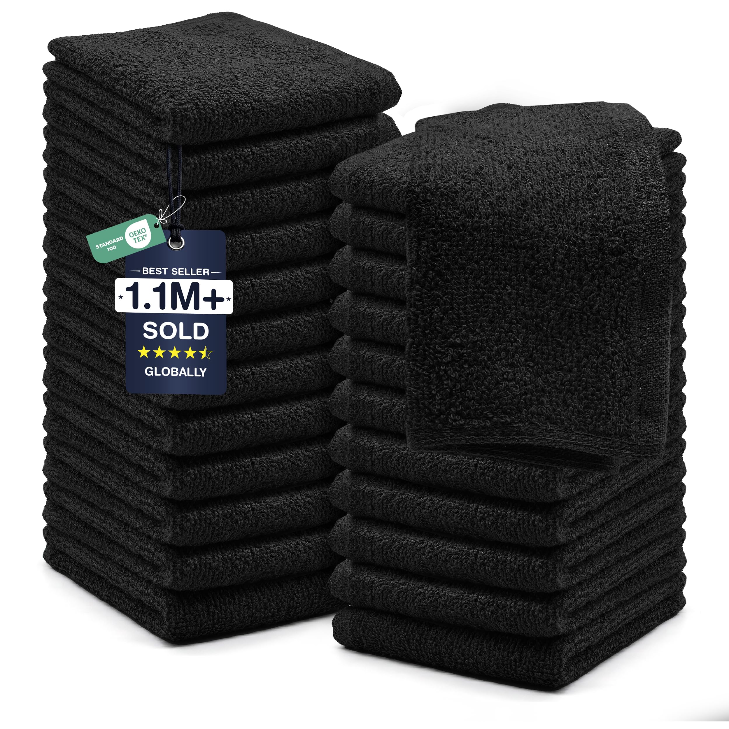 DAN RIVER 24 Pack Cotton Wash Cloths Set for Showering [12x12] Black