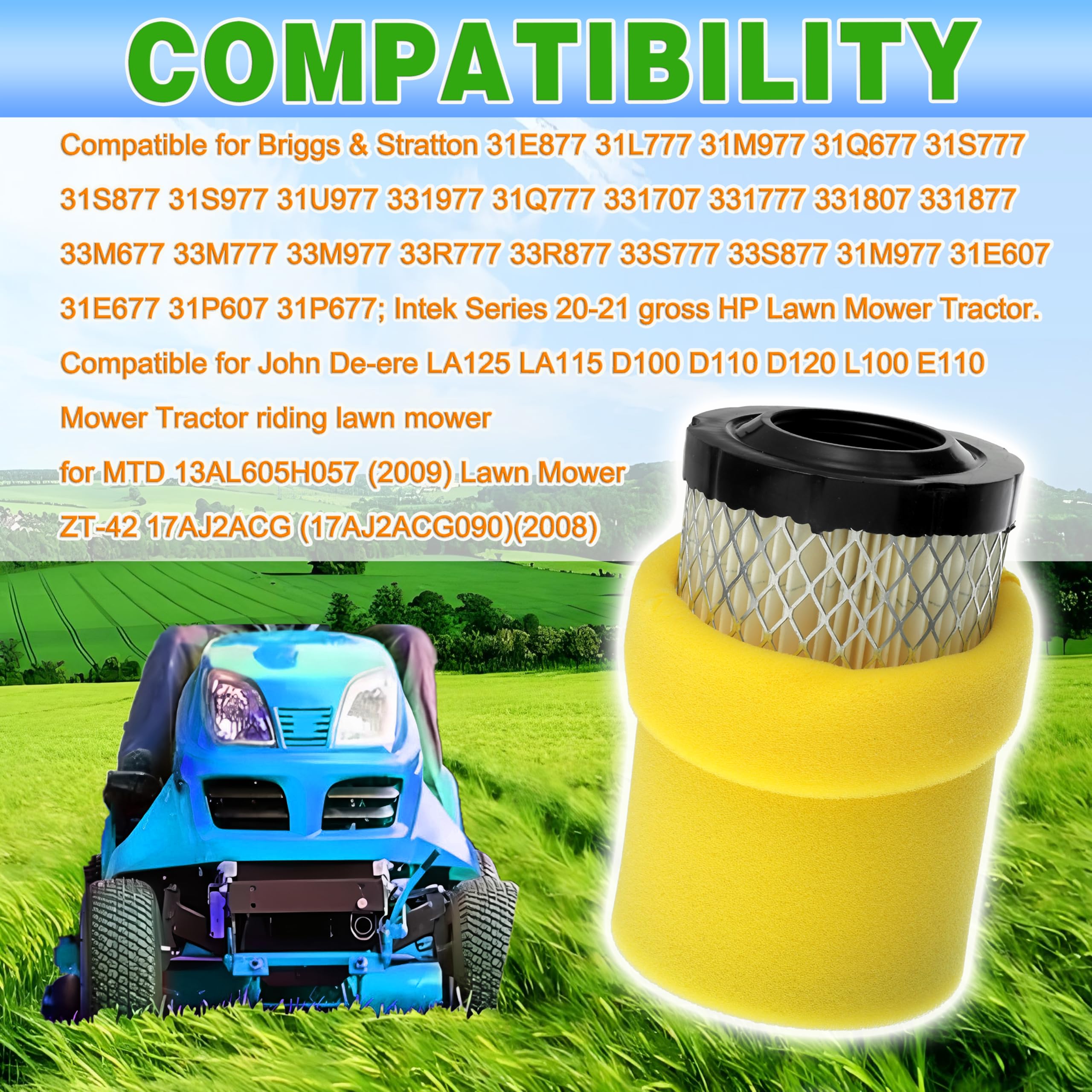 Kit di Messa a Punto del Filtro dell'Aria di Ricambio per Briggs Stratton 591334 594201 797704 696854 Compatibile per Husqvarna YTH22V46 YTH24V48 per John Deere D100 D110 D130