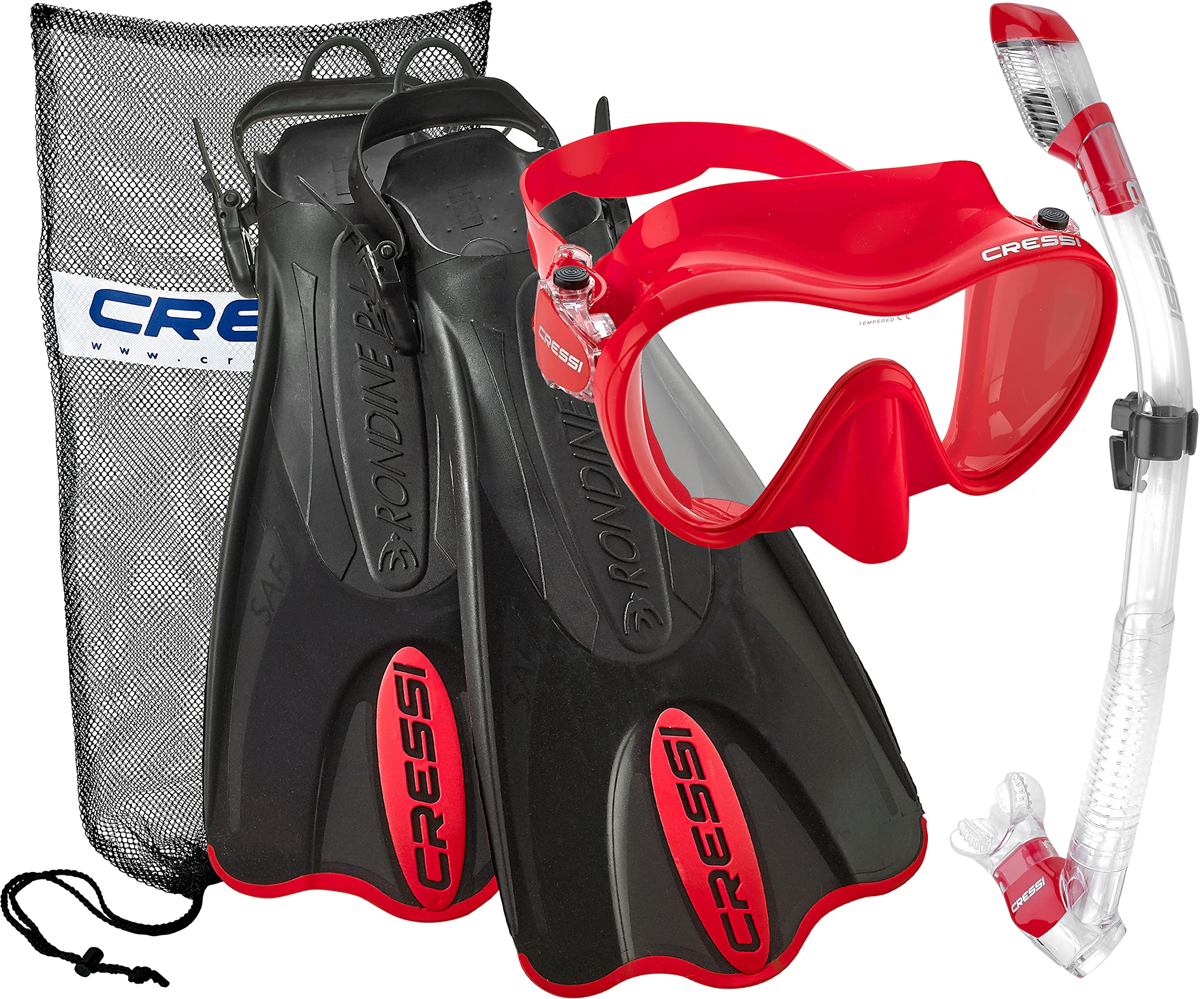 Cressi Italian Design Premium Tempered Glass Lens Frameless Scuba Snorkeling Dive Mask - Dry Snorkel - and Palau Short Snorkeling Fin and Snorkel Set Gear Bag, BKRD-LXL