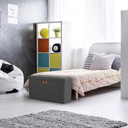 Miniatura 117 de Seville Classics Reposapiés otomano de tela acolchada, asiento acolchado para dormitorio, dormitorio, loft, sala de estar, entrada, pasillo, Azul