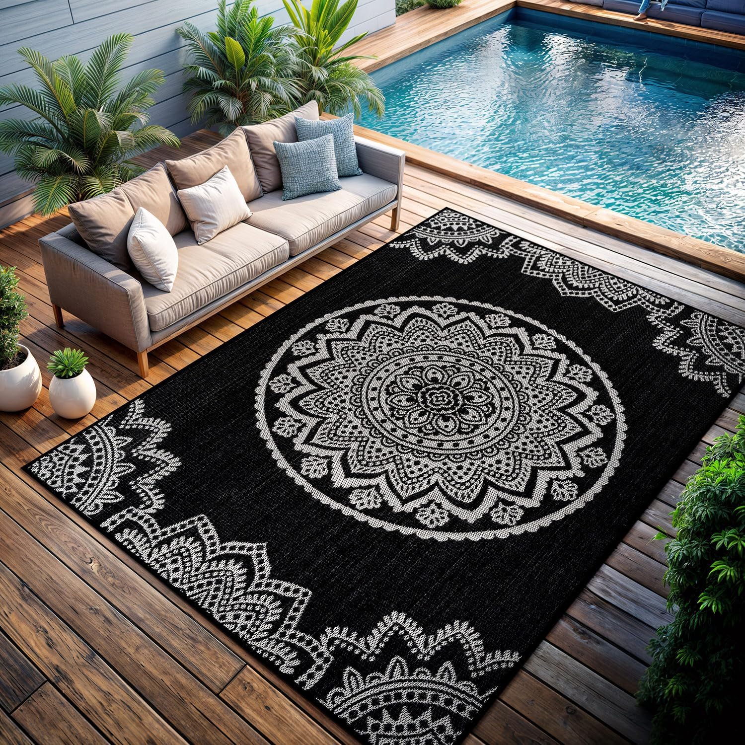 CAMILSON Outdoor Rug 6x9 Modern Area Rugs for Indoor and Outdoor Patios and Porches - Waterproof Washable Non-Shedding Easy-to-Clean Outside Carpet (6 x 9 Medallion - Black/White)