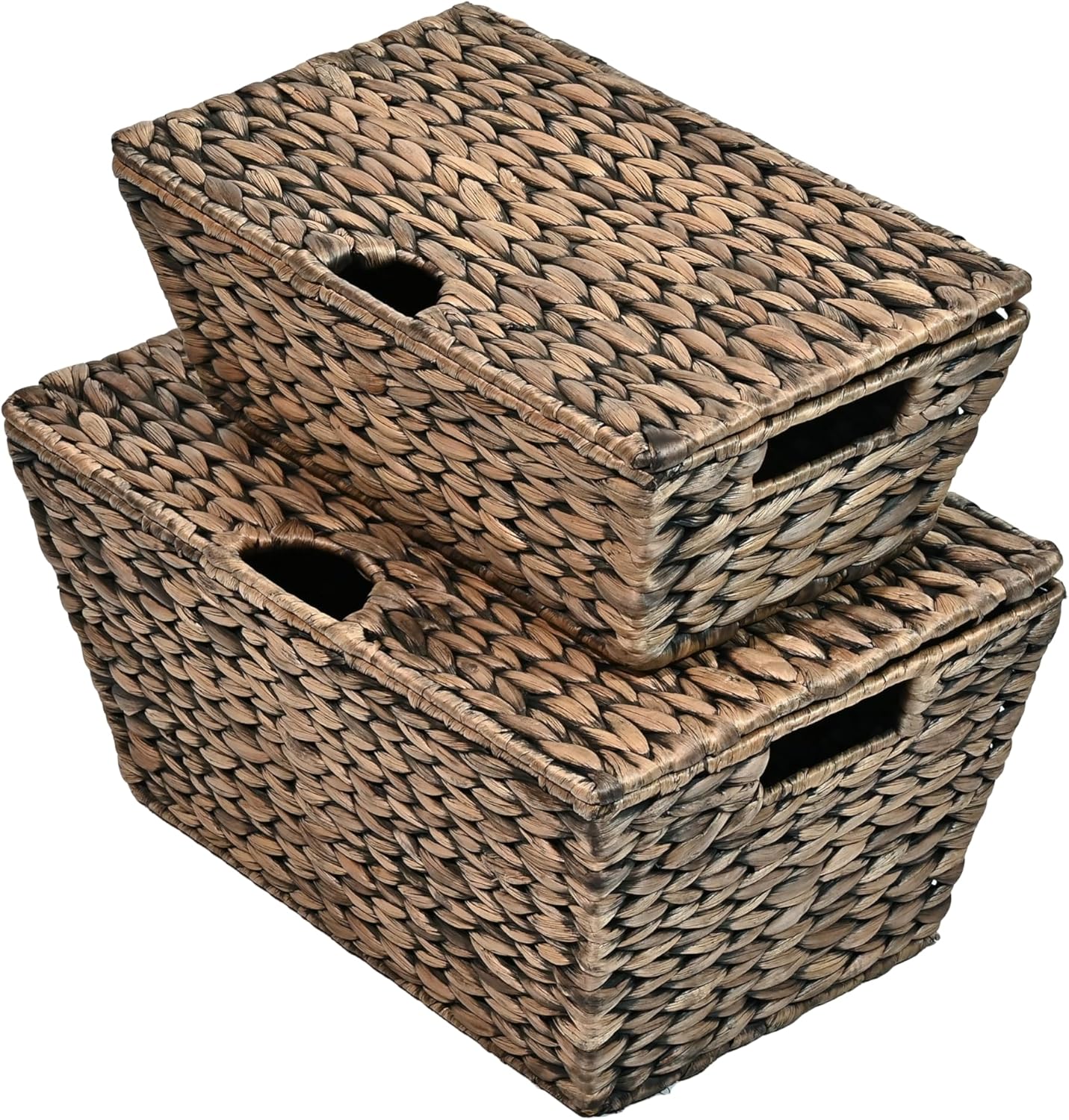 happimess BSK2007B-2SET Wilder Classic Farmhouse Woven Hyacinth Rectangular Wicker Storage Baskets with Lids and Handles, Brown (Set of 2), Seagrass Containers for Decoration in Living Room, Bedroom