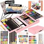 KINSPORY Art Supplies, 168-Pack Deluxe Creative Christmas Gift, Wooden Art Set Crafts Drawing Painting Coloring Kit with 1 Coloring Book, 2 Sketch Pads for Artist Beginners Kids Girls Boys (Deep Brown)