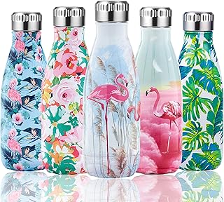 Shinemefly Bouteille d'eau Isotherme 350ml, Bouteille Isotherme Réutilisable sans BPA, Gourde INOX Thermos pour Enfant, Garcon, Fille, Gourde Isotherme Maintien Froid 24h/ Chaud 12h - Beige Flamant