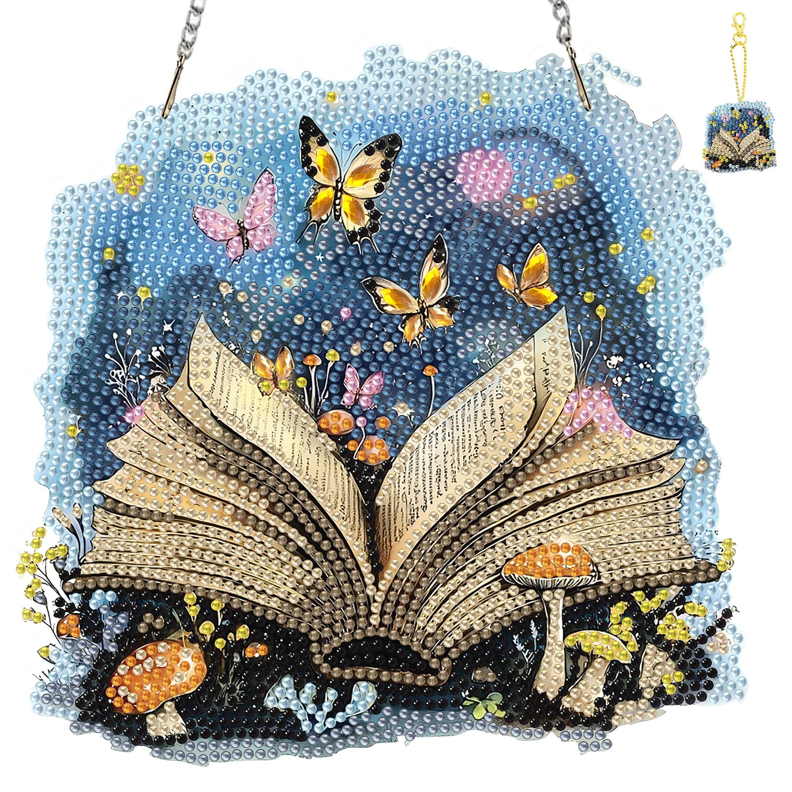 TLIOBLO Book Butterfly Hanging Diamond Art and Key Chains Pendants Boards, Special Shaped Diamond Painting Hanging Sign with Chain, Double-Sided Ornaments Window Door Home Decor