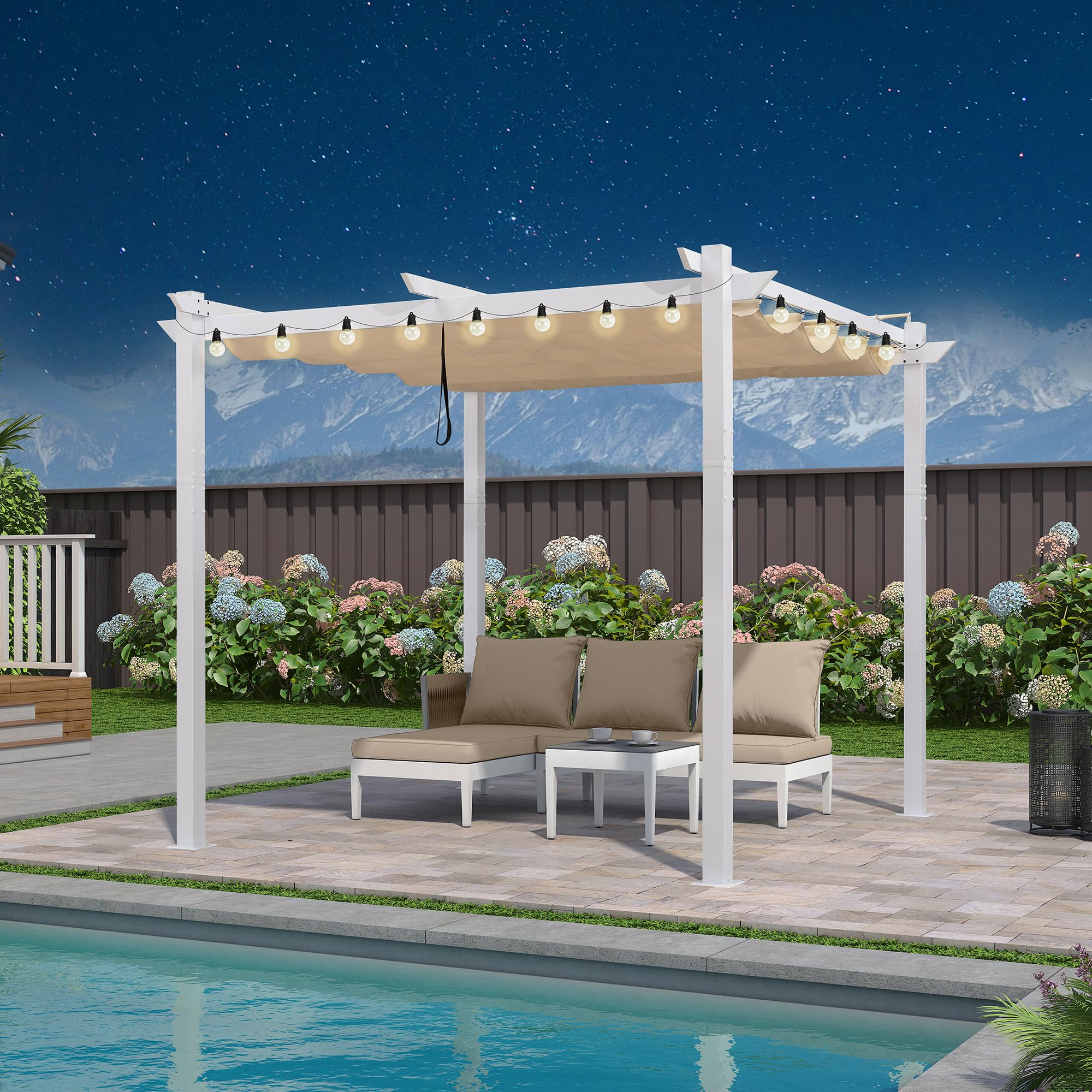 Purple Leaf 10' x 10' Outdoor Aluminum Pergola White Heavy Duty Retractable Pergola Patio Metal Pergola Double Sunshade with Canopy and String Lights for Backyard, Garden, Deck, Khaki
