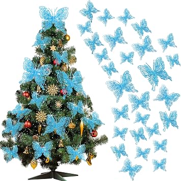 Charniol 36 Pcs 3 Size Christmas Tree Butterfly Decorations Glitter Hollow Butterfly Ornaments Hanging Decorations with Clips for Holiday Crafts Christmas Tree Blue