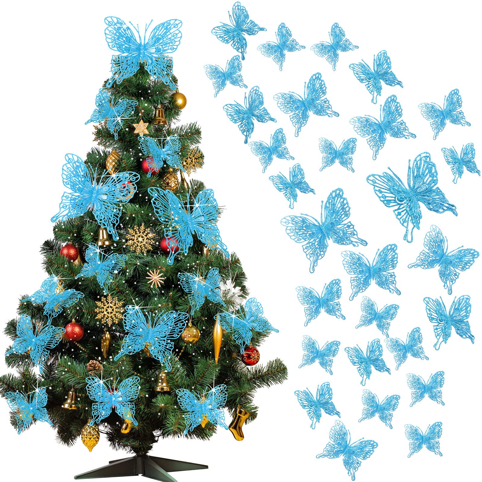 Charniol 36 Pcs 3 Size Christmas Tree Butterfly Decorations Glitter Hollow Butterfly Ornaments Hanging Decorations with Clips for Holiday Crafts
