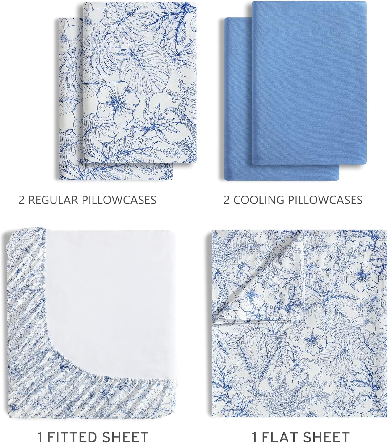 Caribbean Joe 6-Piece Sheet Set with Cooling Pillowcases, 12-inch Deep Pockets, Tropical Beach Coastal Design, Queen, Tropical Toile Blue