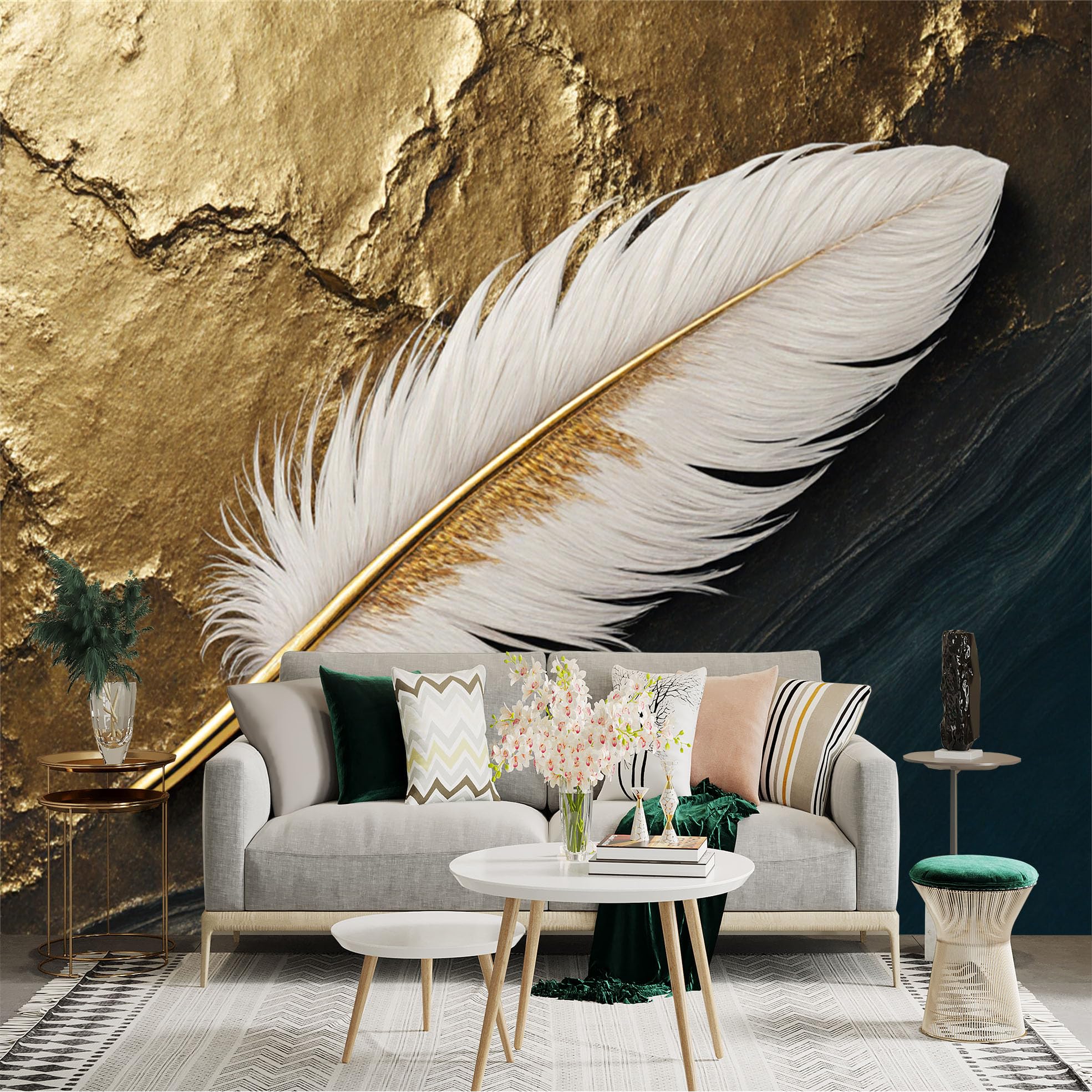Custom Size Wall Sticker Mural， Elegant White Feather， Golden Texture Background， Abstract Luxury Art， Modern Home Decor， for wall Decoration， peelandstick wall Decals.